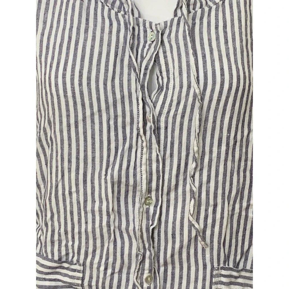 Tahari 100% Linen Striped Hooded Button Down Shirt Jacket Blue White Large